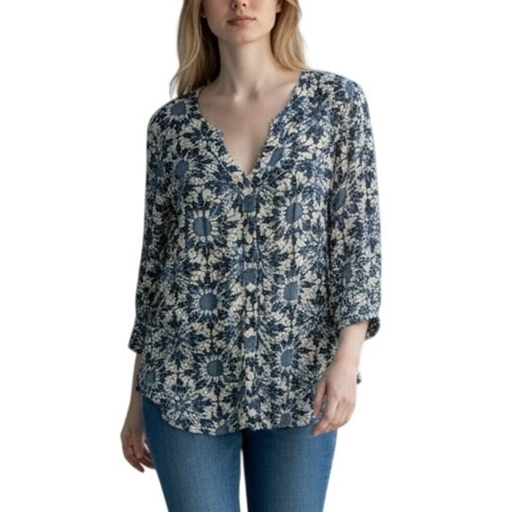 Lucky Brand Batik Button Blouse Womens Large Blue Ethnic Boho Coastal Top